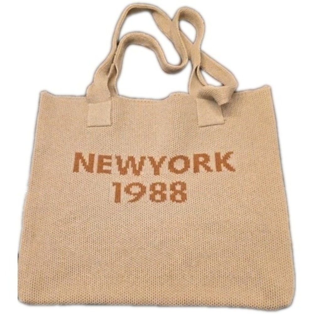New York 1988 Knit Tote Bag - Retro Aesthetic Sweater Bag - Tan/Brown Neutral